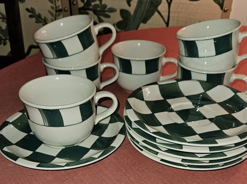 6 Sets Vtg. WBach (WAECHSTERSBACH) Green Check Stoneware Cups & Saucers-Japan