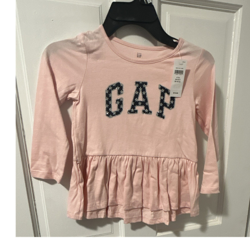 GAP Girls Pink Long Sleeve Ruffle Logo Crew Neck Pullover T-Shirt 4 Yrs