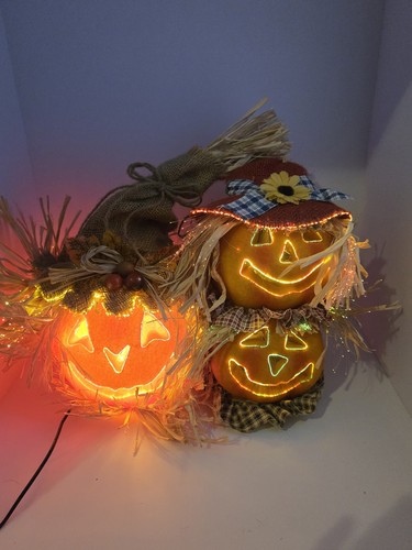 Gemmy Fiber Optic Pumpkin Trio Jack O Lantern Changing Colors Plug-In w/ Box - Picture 6 of 19