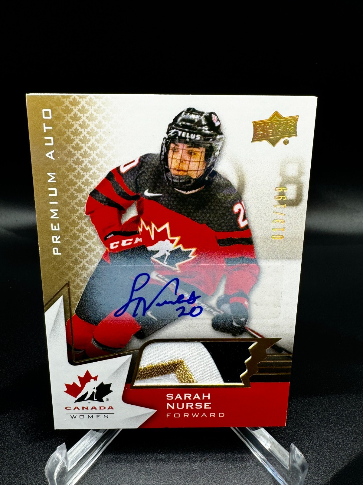 2020 UD Team Canada Juniors Women's WC Sarah Nurse Rookie Auto Patch RC RPA /199