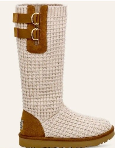 Womens UGG Size 7 Classic Solene Tall Knit Boot Chestnut Ivory/Oatmeal