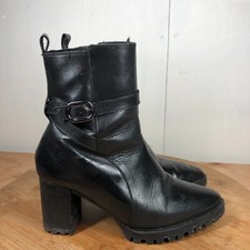 Massimo Dutti Boots 38 Womens 7 Black Leather Block Heel Zip Up Fur Lined Buckle