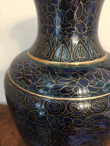 Antique Chinese Dynasty Double Dragon 12” Blue Cloisonné Vase Signed Embossed_MP - Picture 4 of 9