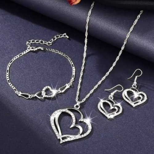Womens Heart Jewelry Set of 3 Silver Tone Rhinestone Necklace Bracelet Earrings - Picture 2 of 7