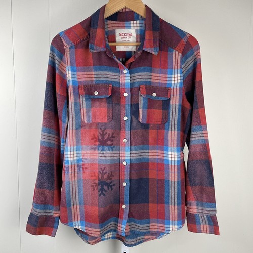 Mossimo Upcycled DIY Bleach Distressed Snowflake Plaid Flannel Top Womens Large