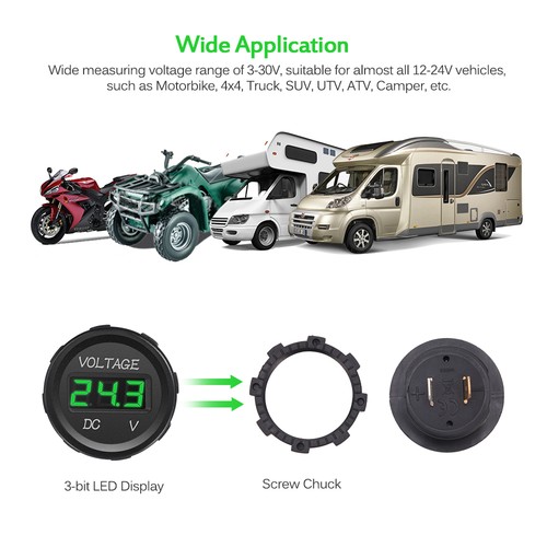 MICTUNING 12V 24V Car DC Voltmeter Green LED Digital Display Voltage Monitor SUV - Picture 6 of 7