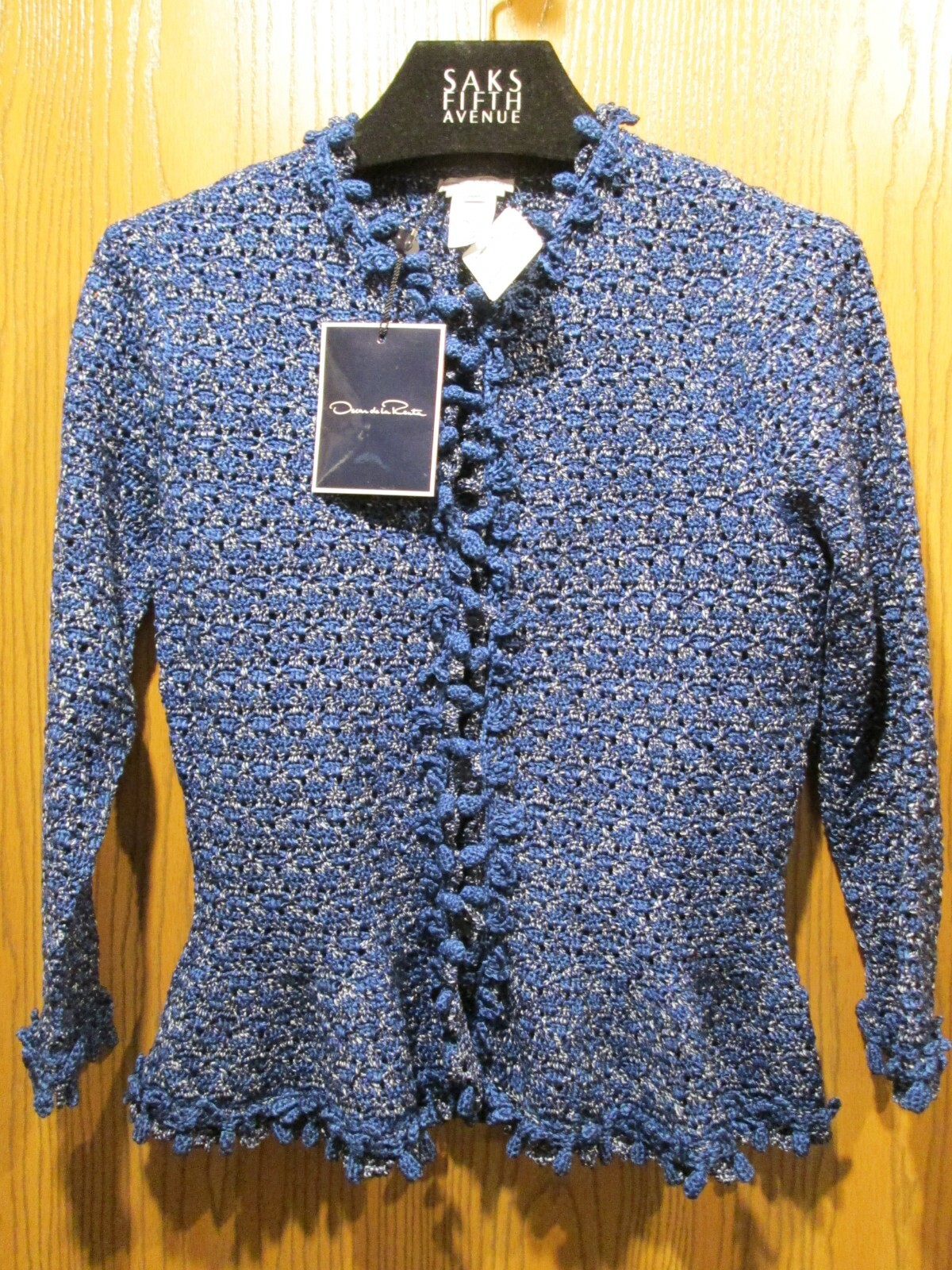 Oscar de la Renta Blue Hand Knit Silk Button Blouse Top Sweater SZ M NEW $1990