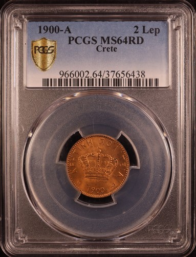 1900-A Kingdom of Greece, Crete 2 Lepta - PCGS MS64RD! Scarce Lustrous RED+ - Picture 2 of 7