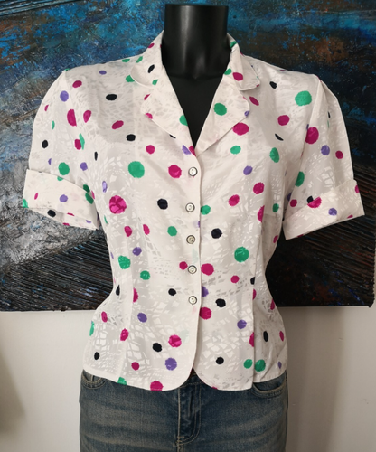Vintage Bluse 90er tailliert SARAH B. weiß mehrfarbig gepunktet Gr. 38 DE - Bild 1 von 11