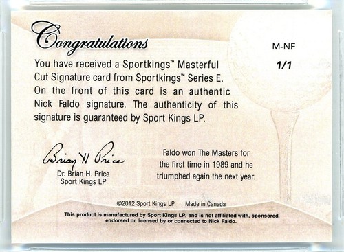 2012 SPORTKINGS MASTERFUL CUT AUTOGRAPHS #MNF 1/1 NICK FALDO BGS 9.5 / AUTO 9 - Picture 2 of 2