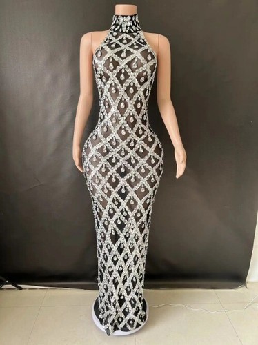 Women Sexy Stage Shining Rhinestone Sequins Dress Evening Prom Birthday Dress - Picture 10 of 41