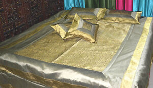 Gray-Golden-Silk-brocade-Bed-Cover-bed-Sheet-pillow-set-full-Queen-from-India