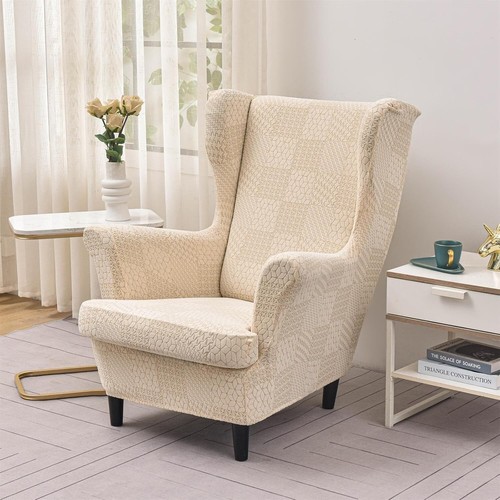 Elegant 2-Piece Stretch Jacquard Wingback Chair Cover - Grid Beige Floral Design - Picture 9 of 9