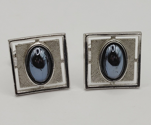 ANSON Vintage Open Metalwork Silver Tone Hematite Cabochon Stone Cufflinks - Picture 5 of 15