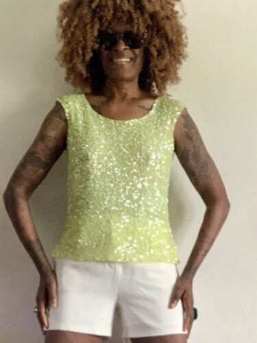 FRANK USHER SILK SHORT SLEEVES LIME GREEN SEQUINS TOP BLOUSE SHIRT SIZE:18 - Picture 20 of 24