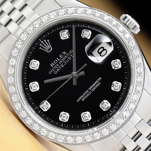 ROLEX MENS DATEJUST BLACK DIAL 18K GOLD STEEL DIAMOND WATCH w/ FOLDED BRACELET - Picture 1 of 8