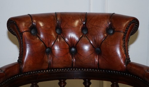ANTIQUE HAND DYED BROWN LEATHER CHESTERFIELD CAPTAINS OFFICE SWIVEL ARMCHAIR - Picture 7 of 16