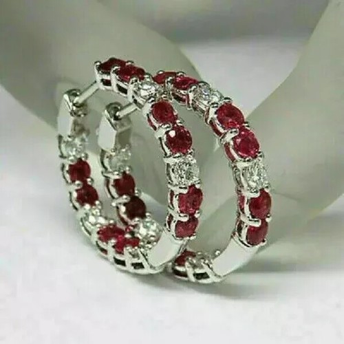 2.30Ct Round Cut Lab Created Ruby Women's Hoop Earrings 14K White Gold Plated - Picture 7 of 7