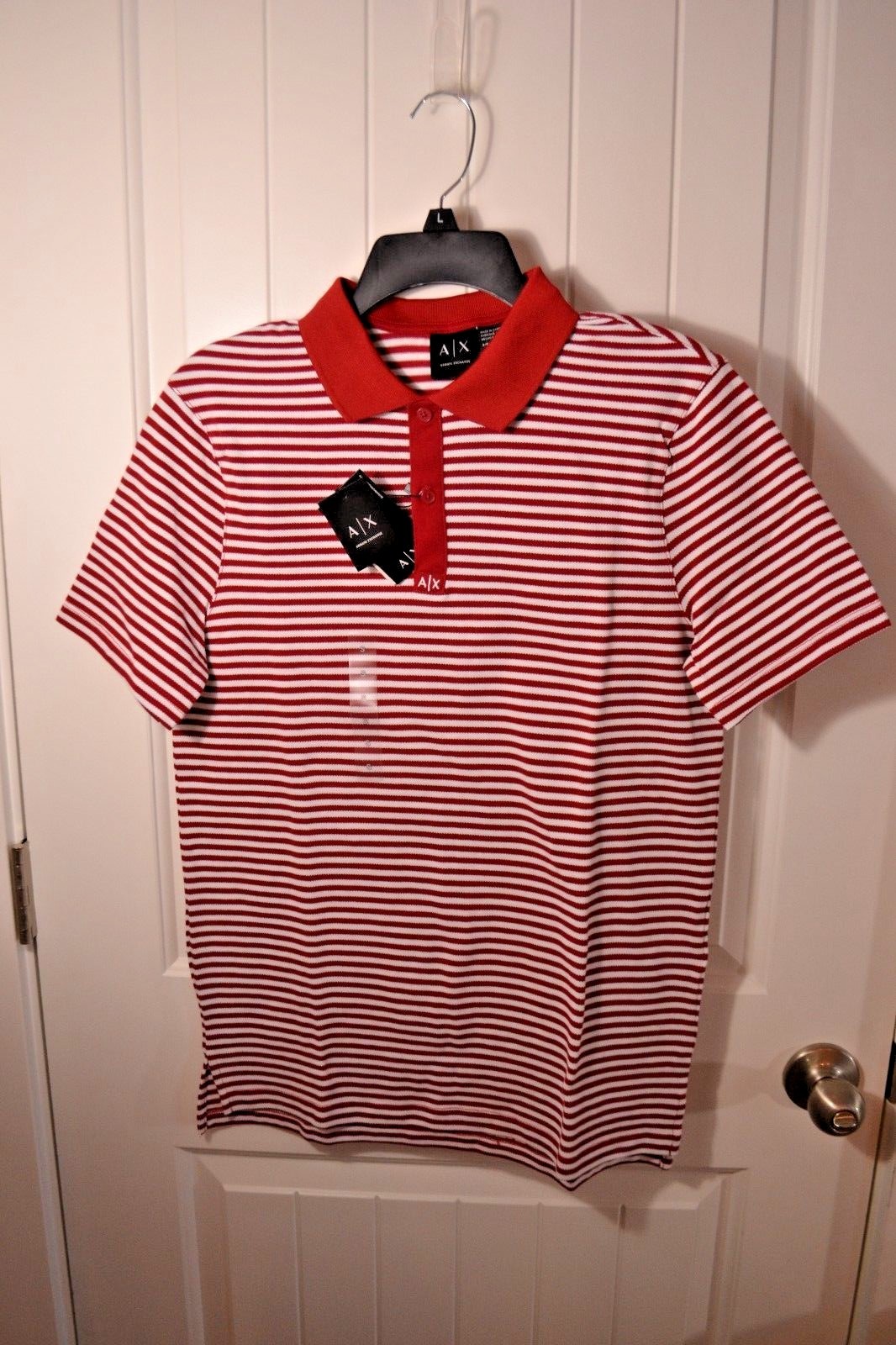 NWT MEN'S ARMANI EXCHANGE RED WHITE STRIPED SS RUGBY POLO SHIRT SZ S-2XL NWT MEN'S ARMANI EXCHANGE RED WHITE STRIPED SS RUGBY POLO SHIRT SZ S-2XL