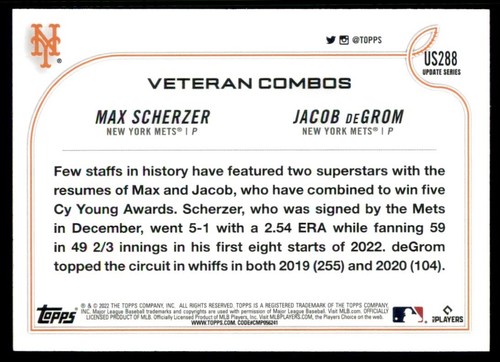 2022 Topps Update #US288 Max Scherzer Jacob deGrom - Picture 4 of 6