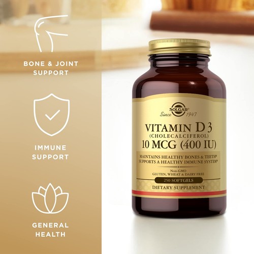 Solgar Vitamin D3 400 IU Softgels 250 Count for Healthy Bones and Immune Support - Picture 4 of 6