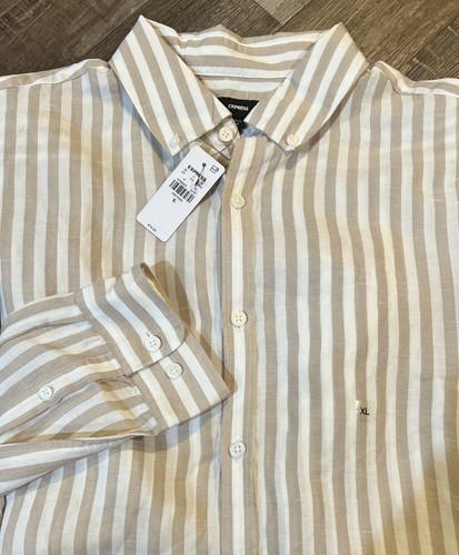 Express Button Down Linen Blend Long Sleeve Shirt Sz XL Men Tan White Striped