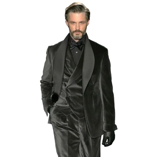 Conjunto de 2 piezas de traje de terciopelo para hombre chal solapa negocios trajes informales - Imagen 3 de 18