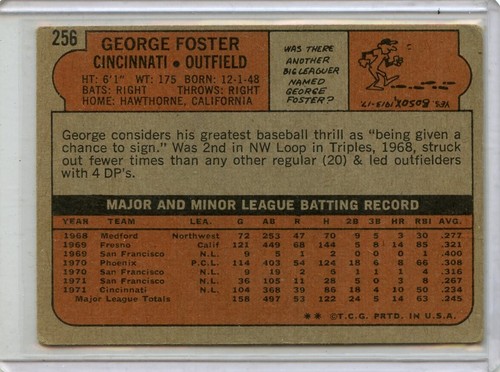 1972 Topps George Foster Cincinnati Reds #256 ππ³π₯ VG+ - Picture 2 of 2