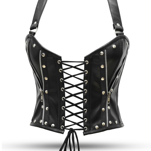 Corsé de cuero genuino sobre busto entrenador de cintura acero deshuesado gótico bustier top - Imagen 4 de 6