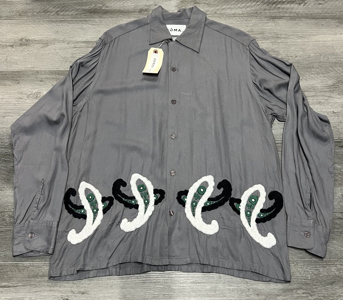 NOMA T.D. Convertible-Collar Embroidered Satin Shirt Gray Sizes 2 