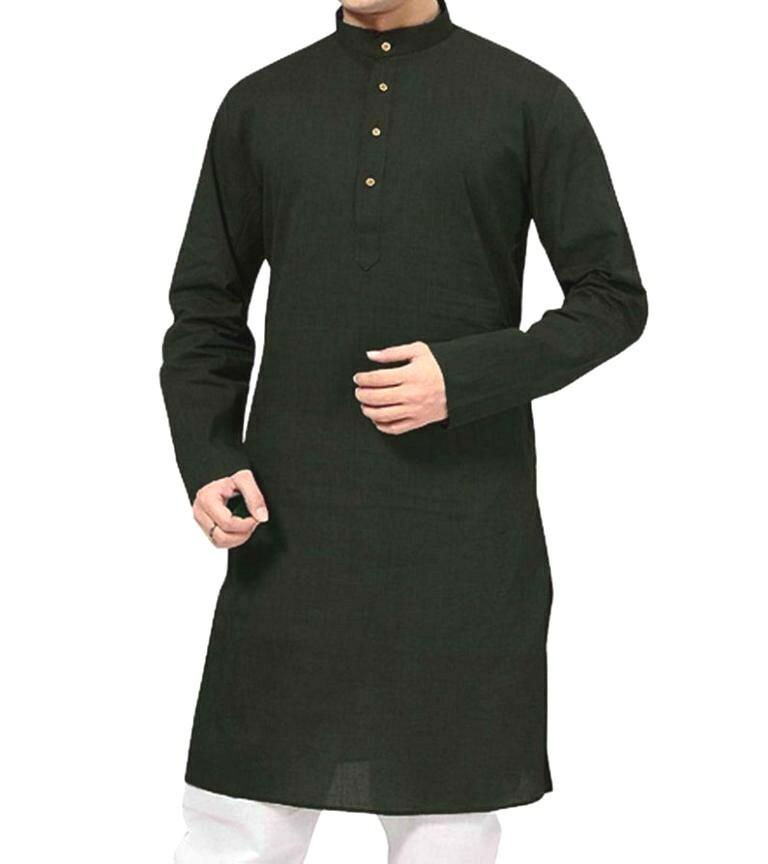 Kurta da Tessuto Indiano Stile Etnico Abito Tunica Tinta Unita uomo cotone nero