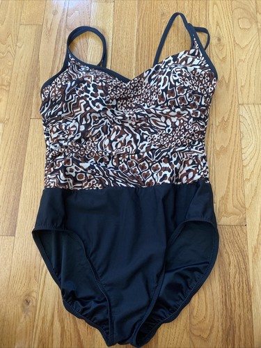Trimshaper Leopard Floral Black Shirred Bathing Suit 14 Mint! - Picture 1 of 6