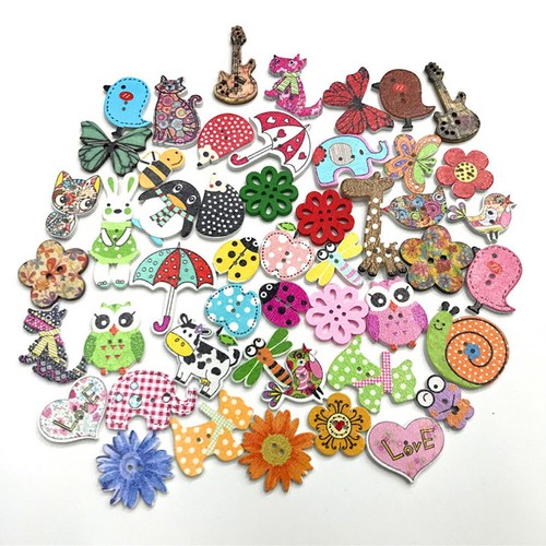 50pcs Wood Sewing Buttons Scrapbooking Painting Cartoon Animal Bees Flower Mixed - Picture 2 of 3