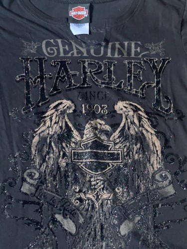 Harley Davidson Women's Black Sparkle Tan Tee Shirt Medium M Split Neck T Shirt - Picture 6 of 6