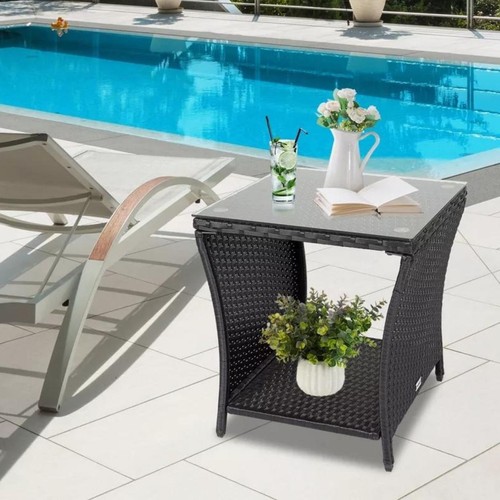 Patio Side Table Wicker Rattan W/Glass Outdoor Garden Coffee Tee Table, Black - Picture 5 of 10
