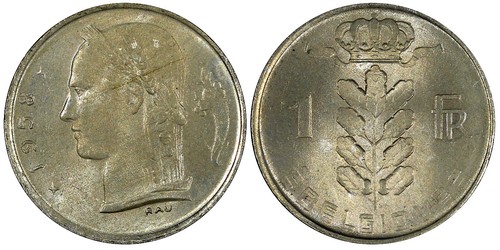Belgium Baudouin I Copper-Nickel 1958 1 Franc French UNC  Toned KM# 142.1 (248) - Picture 1 of 3