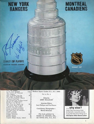 NY RANGERS firmado ED GIACOMIN & VIC HADFIELD 4/5-6/69 vs Canadiens Programa de Juego - Imagen 8 de 9