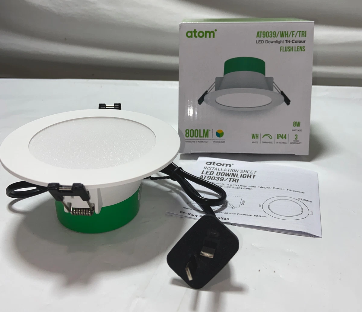 Atom 8 Watt 90mm Dimmable LED Flush Downlight 90 Degrees White TRI