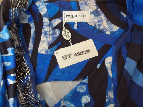 EMILIO PUCCI COBALT BLUE CRYSTALS STUDDED COLLAR NECK SILK SLEEVELESS TOP 40 NWT - Picture 6 of 8