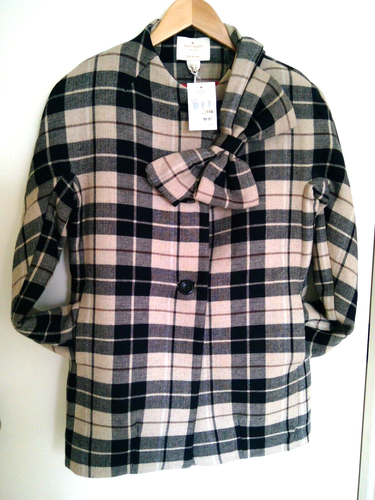 Kate Spade 12Y Tan Plaid Pea Coat Wool Dorothy Bow Neck Women's Medium $198