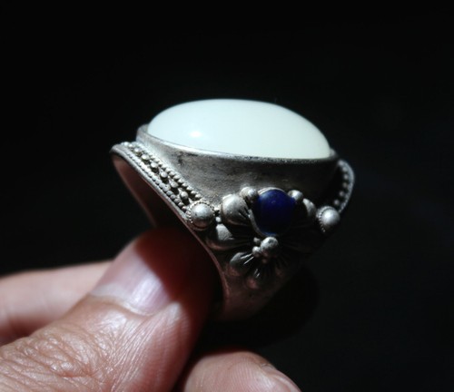Chinese Antique tibet silver Ring white jade stone jade Stone jade amulet 171 - Picture 5 of 9