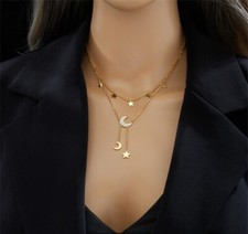 Moon and Stars Necklace Gold Layered Chain Astrology Fashion Accessory 16inches
