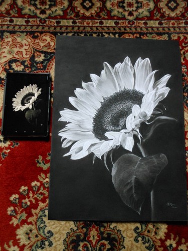 SONNENBLUME BLUMENPORTRAIT - Original Kohlezeichnung 20" x 27,5" - Bild 2 von 3