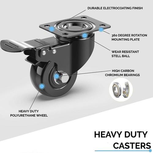4 x Heavy Duty 50mm PU Swivel Castor Wheel 400KG Trolley Furniture Caster Rubber - Picture 7 of 12