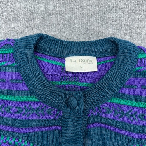 Vintage La Dame Australia Textured 3D Knit Cardigan Sweater L Blue Green Purple - Picture 4 of 11