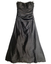 Jenny Yoo Raw Silk Gown Womens 10 Black Ruched Bustle Strapless Dress Y2k