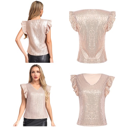 Womens T-shirt V-Neck Blouse Fly Sleeve Top Festival Shirt Wear Sparkly Club - Imagen 1 de 24