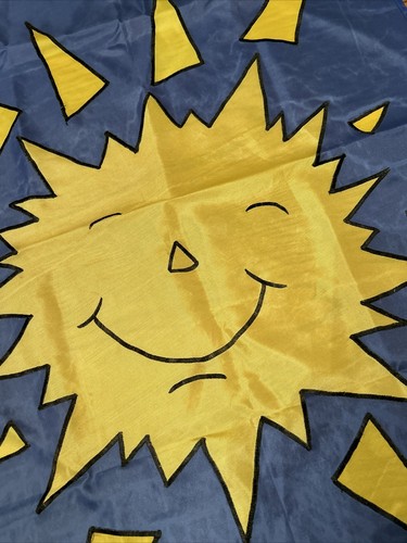 Vintage 39 x 28 Inch Nylon Happy Sun Hanging Yard Flag Blue Yellow - Picture 2 of 6