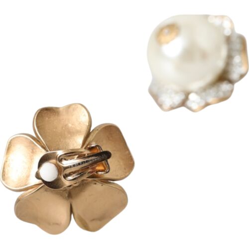 DOLCE & GABBANA Earrings Gold Tone Maxi Faux Pearl Floral Clip-on Jewelry 870usd - Picture 4 of 5