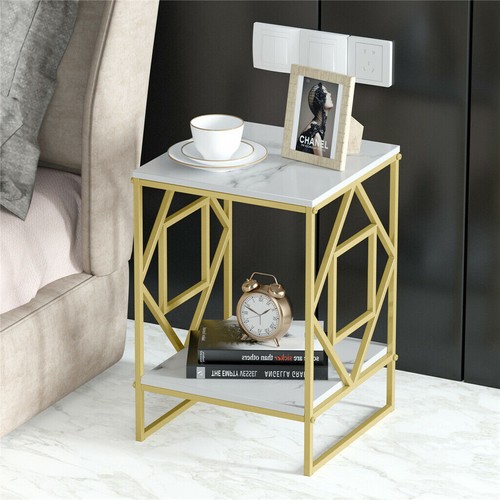 Modern White Marble Side End Table & Gold Frame 2 Tier Lounge Sofa Beside Table - Picture 4 of 12